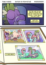 Size: 1280x1801 | Tagged: alicorn, artist:wadusher0, bittersweet, comic:time fades, derpibooru import, dragon, feels, good end, oc, oc:gale flower, oc:jadan, oc:jewel, offspring, older, parent:fluttershy, parent:oc:gale flower, parent:oc:jewel, parent:oc:taryan, parent:soarin', parent:spike, parents:soarinshy, photo, pinkie pie, sad, safe, spike, twilight sparkle, twilight sparkle (alicorn)