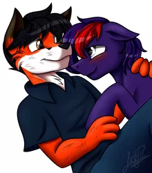 Size: 2200x2500 | Tagged: safe, artist:jack-pie, derpibooru import, oc, oc:purplethink, unofficial characters only, anthro, earth pony, fox, pony, anthro with ponies, cuddling, furry, gay, male, oc x oc, shipping