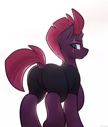 Size: 1800x2100 | Tagged: suggestive, artist:whitepone, derpibooru import, tempest shadow, pony, unicorn, my little pony: the movie, broken horn, clothes, dock, eye scar, featureless crotch, female, looking back, plot, rear view, scar, simple background, solo, solo female, stupid sexy tempest shadow, tempass, tight clothing, white background
