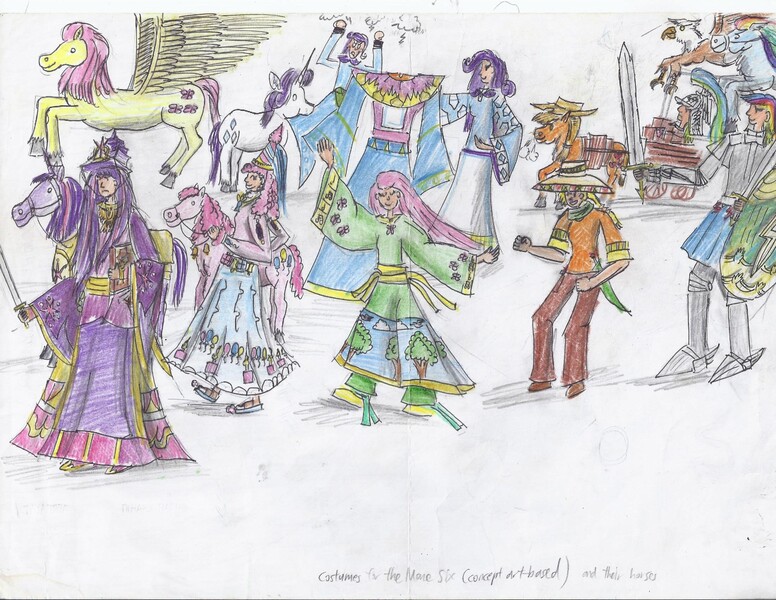 Size: 3300x2550 | Tagged: safe, artist:horsesplease, derpibooru import, applejack, fluttershy, gilda, pinkie pie, rainbow dash, rarity, twilight sparkle, gryphon, human, pony, angry, armor, background gilda, blouse, book, clothes, crown, dancing, dress, hat, helmet, hilt, hoers, horses doing horse things, human ponidox, humanized, jewelry, mane six, princess, regalia, self ponidox, shield, smiling, smirk, sword, traditional art, trousers, upset, weapon