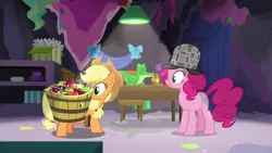 Size: 852x480 | Tagged: safe, derpibooru import, screencap, applejack, gummy, pinkie pie, pony, secrets and pies, basket, deerstalker, hat, party cave