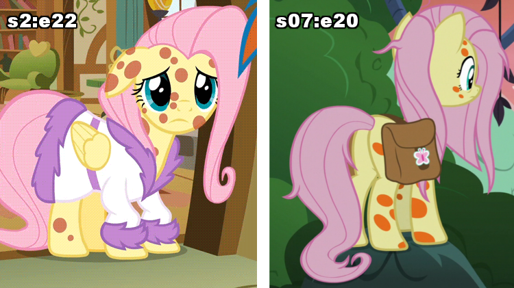 Size: 750x421 | Tagged: a health of information, bathrobe, clothes, comparison, derpibooru import, dressing gown, fluttershy, funny aneurysm moment, hurricane fluttershy, messy mane, pony pox, robe, saddle bag, safe, screencap, sick, swamp fever