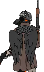 Size: 762x1246 | Tagged: ak-47, alternate version, anthro, artist:sythenmcswig, assault rifle, camouflage, clothes, derpibooru import, gas mask, gloves, gun, helmet, hippogriff, longcoat, looking away, male, mask, oc, oc:crafted sky, playerunknown's battlegrounds, rifle, safe, shotgun, simple background, stallion, unofficial characters only, weapon