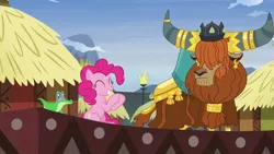Size: 1280x720 | Tagged: safe, derpibooru import, screencap, gummy, pinkie pie, prince rutherford, alligator, earth pony, pony, yak, not asking for trouble, clapping, crown, ear piercing, earring, female, horn ring, jewelry, male, mare, piercing, regalia, sitting