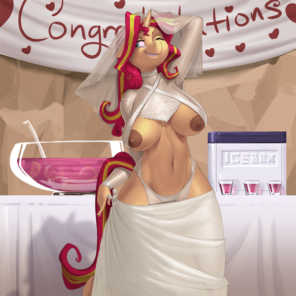 Size: 900x900 | Tagged: questionable, alternate version, artist:kevinsano, derpibooru import, sunset shimmer, anthro, unicorn, areola, arm behind head, armpits, banner, belly button, big breasts, breasts, bridal lingerie, busty sunset shimmer, clothes, cup, dress, female, floppy ears, mare, midriff, nipple slip, nipples, nudity, one eye closed, panties, punch (drink), punch bowl, revealing clothing, solo, solo female, table, underboob, underwear, undressing, veil, wardrobe malfunction, wedding dress, wink