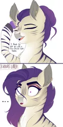 Size: 1500x3000 | Tagged: ..., 2 panel comic, artist:evehly, bust, chest fluff, comic, derpibooru import, dialogue, ear fluff, ear piercing, earring, eyes closed, eyeshadow, female, frown, hoof hold, hybrid, jewelry, lipstick, makeup, mare, messy mane, oc, oc:nikki, open mouth, piercing, quadrupedal, safe, simple background, smiling, solo, unofficial characters only, white background, wide eyes, zebra, zebra oc, zebroid, zonkey