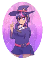 Size: 1024x1365 | Tagged: artist:theanthropony, belt, clothes, crossover, cute, derpibooru import, dress, hat, human, humanized, little witch academia, peace sign, safe, side slit, smiling, solo, twiabetes, twilight sparkle, witch, witch hat, zoom layer