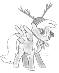 Size: 2305x2837 | Tagged: safe, artist:drchrisman, derpibooru import, derpy hooves, pegasus, pony, antlers, female, grayscale, mare, monochrome, red nose, reindeer antlers, simple background, smiling, solo, traditional art, white background