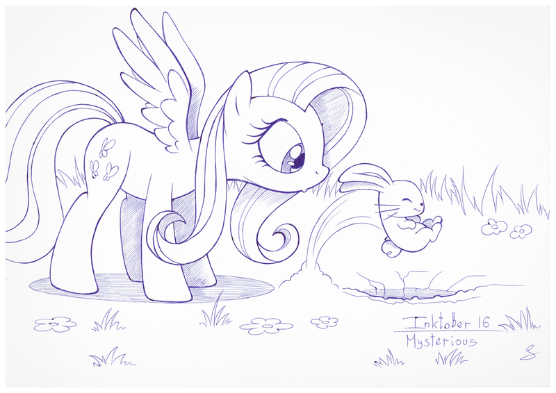 Size: 1073x759 | Tagged: safe, artist:sherwoodwhisper, derpibooru import, angel bunny, fluttershy, pegasus, pony, rabbit, eyes closed, female, flower, grass, hole, inktober, inktober 2017, jumping, lineart, looking at something, male, mare, monochrome, outdoors, pen drawing, rabbit hole, spread wings, standing, traditional art, wings