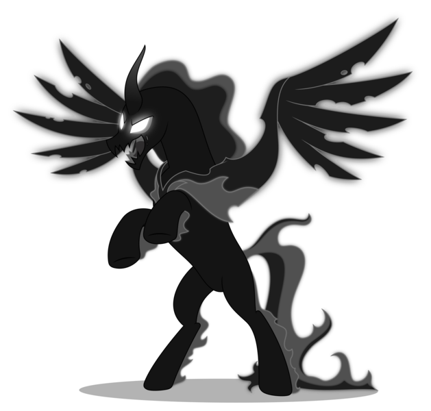 Size: 5000x4766 | Tagged: absurd resolution, adorabolical, adoracreepy, alicorn, artist:negatif22, creepy, curved horn, cute, darkness, derpibooru import, evil grin, glowing eyes, grin, open mouth, pony of shadows, rearing, safe, shadorable, shadow play, shadow pony, simple background, smiling, solo, spread wings, transparent background, vector, wings
