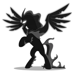 Size: 5000x4766 | Tagged: absurd resolution, adorabolical, adoracreepy, alicorn, artist:negatif22, creepy, curved horn, cute, darkness, derpibooru import, evil grin, glowing eyes, grin, open mouth, pony of shadows, rearing, safe, shadorable, shadow play, shadow pony, simple background, smiling, solo, spread wings, transparent background, vector, wings