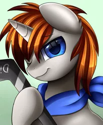 Size: 1443x1764 | Tagged: safe, artist:pridark, derpibooru import, oc, oc:disterious, unofficial characters only, pony, unicorn, bandana, blue eyes, bust, commission, hockey stick, horn, looking at you, male, one eye closed, orange mane, portrait, shading, smiling, smirk, solo, stallion, wink