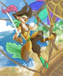 Size: 1500x1800 | Tagged: airship, amputee, anthro, artist:sun-shimmer, bird, captain celaeno, derpibooru import, female, hat, looking at you, my little pony: the movie, parrot, parrot pirates, pirate, pirate hat, safe, sky, smiling, solo, sword, weapon