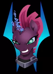 Size: 2643x3693 | Tagged: safe, artist:pursuer-of-darkness, derpibooru import, tempest shadow, pony, unicorn, my little pony: the movie, armor, black background, broken horn, bust, evil grin, eye scar, glowing horn, grin, magic, portrait, scar, simple background, smiling, solo, sparking horn