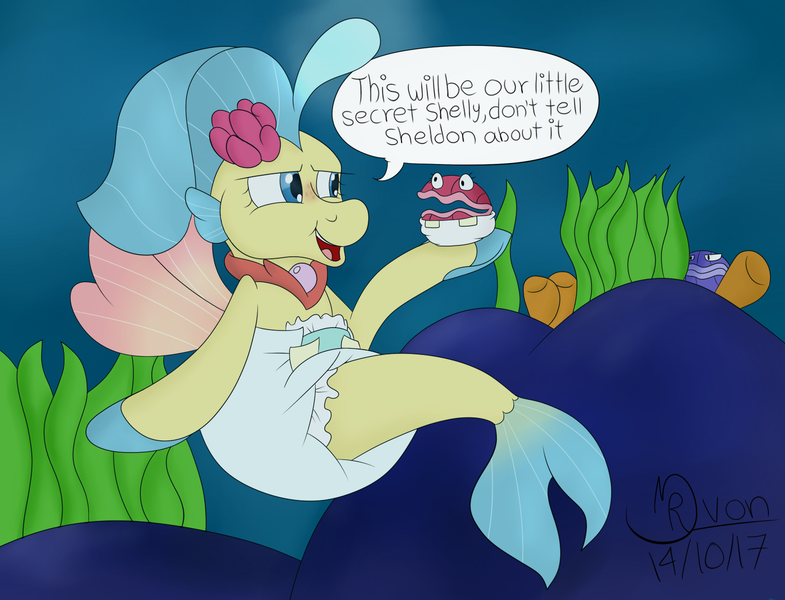 Size: 1607x1229 | Tagged: artist:mrvonfuzzlebutt, derpibooru import, diaper, diaper fetish, female, fetish, my little pony: the movie, poofy diaper, princess skystar, questionable, seapony (g4), seaquestria, shell, shelldon, shelly