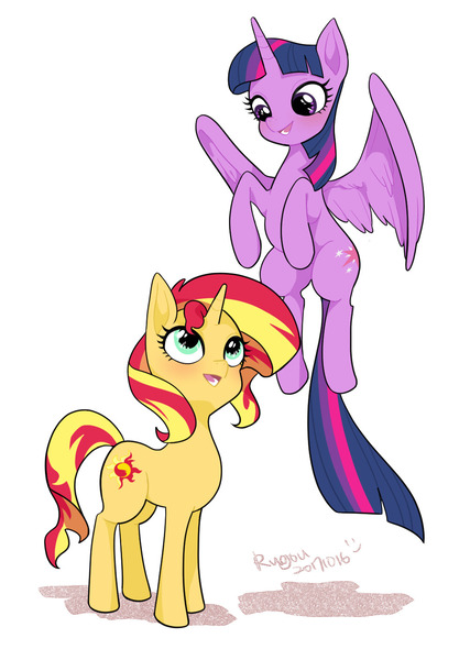 Size: 1004x1411 | Tagged: safe, artist:extraluna, derpibooru import, sunset shimmer, twilight sparkle, twilight sparkle (alicorn), alicorn, pony, unicorn, blushing, cute, duo, female, flying, lesbian, looking at each other, mare, meme, otp, shimmerbetes, shipping, simple background, smiling, sunsetsparkle, twiabetes, white background, wings