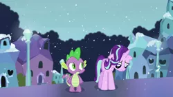 Size: 1280x720 | Tagged: safe, derpibooru import, screencap, spike, starlight glimmer, dragon, pony, unicorn, the crystalling, building, cloud, crystal empire, female, floppy ears, frown, looking down, mare, outdoors, sad, snow, snowfall, standing, streetlight, winter