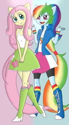 Size: 1354x2434 | Tagged: safe, artist:muchgirl, artist:muchigirl, derpibooru import, fluttershy, rainbow dash, equestria girls, clothes, compression shorts, duo, female, flutterdash, image, lesbian, open mouth, png, ponied up, shipping, skirt, wingless, wristband