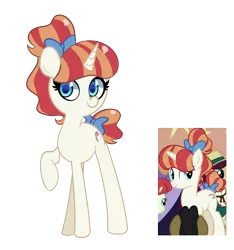 Size: 1500x1600 | Tagged: safe, artist:turtlefarminguy, derpibooru import, booth barker, cherry cola, cherry fizzy, rainberry, rainbow stars, pony, unicorn, bow, picture in picture, raised hoof, simple background, solo, tail bow, transparent background