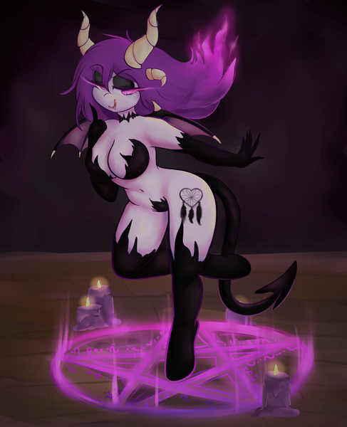 Size: 3777x4658 | Tagged: anthro, artist:wickedsilly, bedroom eyes, breasts, candle, cleavage, clothes, derpibooru import, evening gloves, female, gloves, long gloves, magic, magic circle, monster mare, oc, oc:wicked silly, questionable, solo, solo female, succubus, summoning circle, unguligrade anthro, unofficial characters only