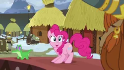 Size: 1280x720 | Tagged: safe, derpibooru import, screencap, gummy, pinkie pie, prince rutherford, alligator, earth pony, pony, yak, not asking for trouble, duo focus, female, happy, male, mare, yakyakistan