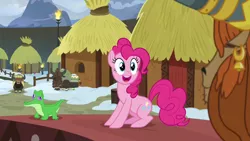 Size: 1280x720 | Tagged: safe, derpibooru import, screencap, gummy, pinkie pie, prince rutherford, alligator, earth pony, pony, yak, not asking for trouble, duo focus, female, happy, male, mare, yakyakistan