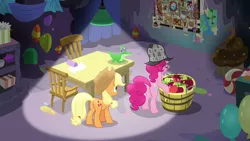 Size: 1280x720 | Tagged: apple, applejack, derpibooru import, food, gummy, party cave, pinkie pie, plot, safe, screencap, secrets and pies