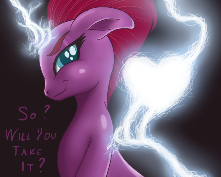 Size: 800x640 | Tagged: safe, artist:bajanic, derpibooru import, tempest shadow, pony, unicorn, my little pony: the movie, broken horn, dialogue, female, heart, lightning, looking at you, mare, smiling, solo