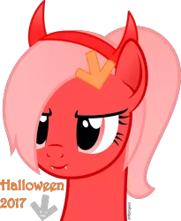 Size: 1826x2227 | Tagged: safe, artist:arifproject, derpibooru import, oc, oc:downvote, ponified, unofficial characters only, pony, derpibooru, bust, cute, cute little fangs, derpibooru ponified, devil horns, fangs, halloween, holiday, meta, simple background, solo, transparent background