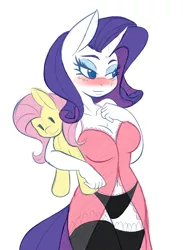 Size: 1280x1753 | Tagged: suggestive, artist:ambris, color edit, derpibooru import, edit, fluttershy, rarity, anthro, belly button, breasts, busty rarity, cleavage, clothes, colored, eyeshadow, female, flarity, implied flarity, implied lesbian, implied shipping, lesbian, lidded eyes, lingerarity, lingerie, looking away, makeup, nightgown, panties, plushie, shipping, simple background, solo, solo female, stockings, thigh highs, transparent background, underwear, vector