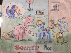 Size: 564x423 | Tagged: safe, artist:haillee, derpibooru import, derpy hooves, lyra heartstrings, pinkie pie, rainbow dash, tank, vinyl scratch, earth pony, hamster, pegasus, pony, unicorn, secrets and pies, crazy eyes, evil pie hater dash, eye beams, female, mare, rainbow blueberry pie, rainbow pie, thought bubble, traditional art, vet