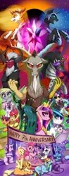 Size: 1736x4420 | Tagged: safe, artist:dankflank, derpibooru import, apple bloom, applejack, bon bon, daybreaker, derpy hooves, discord, fluttershy, gummy, king sombra, lord tirek, lyra heartstrings, nightmare moon, pinkie pie, princess cadance, princess flurry heart, queen chrysalis, rainbow dash, rarity, scootaloo, shining armor, spike, starlight glimmer, sweetie belle, sweetie drops, trixie, twilight sparkle, alicorn, changeling, changeling queen, draconequus, dragon, earth pony, pegasus, pony, unicorn, banner, cake, cape, clothes, colored hooves, crying, drool, element of magic, ethereal mane, every villain, fangs, female, filly, flag pole, food, frog (hoof), glowing horn, grin, gritted teeth, happy birthday mlp:fim, hat, lying, lyre, magic, male, mare, mlp fim's seventh anniversary, prone, quadrupedal, rearing, sitting, smiling, snot bubble, sombra eyes, stallion, stars, sunglasses, tears of joy, trixie's cape, trixie's hat, underhoof, wall of tags