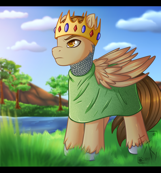 Size: 2000x2150 | Tagged: safe, artist:fkk, derpibooru import, oc, unofficial characters only, pegasus, pony, crown, gift art, jewelry, male, present, regalia, solo, stallion