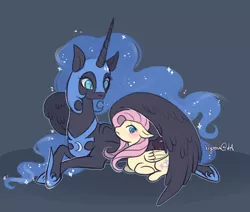 Size: 700x594 | Tagged: safe, artist:kiyoon, derpibooru import, fluttershy, nightmare moon, alicorn, pegasus, pony, blushing, crack shipping, female, fluttermoon, horseshoes, hug, lesbian, mare, nicemare moon, prone, shipping, winghug