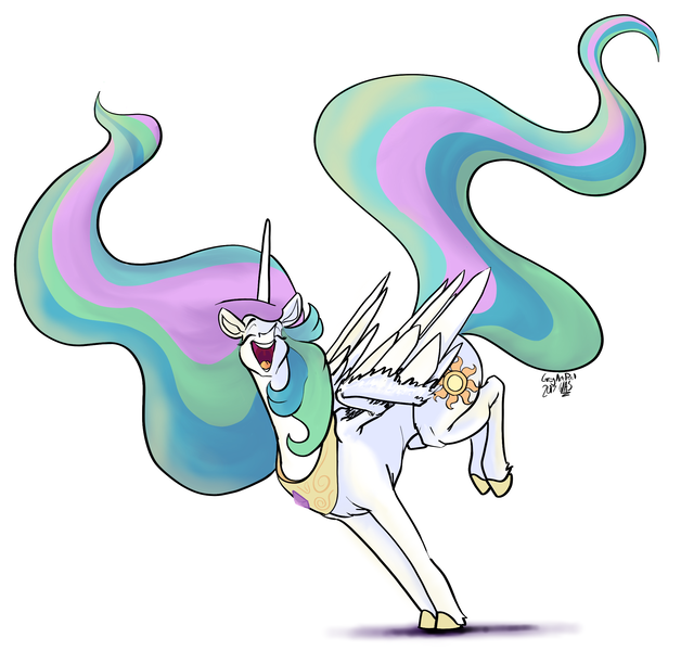 Size: 2314x2212 | Tagged: safe, artist:greyscaleart, derpibooru import, princess celestia, alicorn, pony, eyes closed, female, happy, mare, open mouth, sillestia, silly, simple background, solo, white background