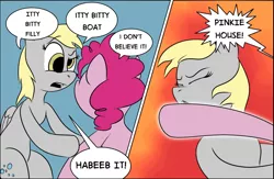 Size: 994x647 | Tagged: 4chan, abuse, artist:okiedokielowkey, colored, context is for the weak, derpibooru import, derpybuse, derpy hooves, drawthread, duo, funny, meme, /mlp/, pinkie pie, pinkie prick, punch, safe, simple background, twinkie house, wat