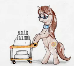 Size: 2485x2224 | Tagged: safe, artist:40kponyguy, derpibooru import, oc, oc:dawnsong, unofficial characters only, earth pony, pony, bipedal, cake, candle, cute, cutie mark, ear fluff, female, food, glasses, mare, simple background, solo, traditional art, trolley, white background