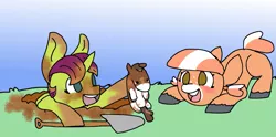 Size: 1395x691 | Tagged: safe, artist:nootaz, derpibooru import, oc, oc:apparently shovel, oc:horse plush, oc:pony, unofficial characters only, earth pony, pony, unicorn, cute, dirt, dirty, doll, eyes on the prize, face down ass up, female, filly, happy, hole, hoof hold, ocbetes, plushie, smiling, toy