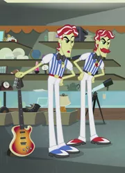 Size: 519x720 | Tagged: safe, derpibooru import, screencap, flam, flim, a case for the bass, equestria girls, rainbow rocks, bass guitar, brothers, cropped, duo, flim flam brothers, male, musical instrument, siblings