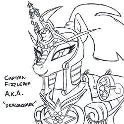 Size: 2400x2400 | Tagged: safe, artist:docwario, derpibooru import, fizzlepop berrytwist, tempest shadow, pony, unicorn, my little pony: the movie, armor, awesome, female, helmet, jetpack, majestic, mare, monochrome, prosthetic horn, prosthetics, royal guard armor, simple background, sketch, smiling, solo, tempest becomes a royal guard, tempest gets her horn back