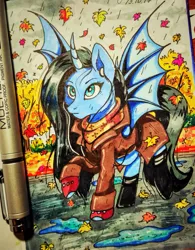 Size: 1325x1699 | Tagged: safe, artist:das_leben, derpibooru import, oc, unofficial characters only, alicorn, bat pony, bat pony alicorn, pony, alicorn oc, autumn, bat wings, clothes, coat, curved horn, female, headphones, mare, puddle, rain, solo, traditional art