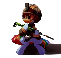 Size: 2639x2500 | Tagged: safe, artist:bloodatius, derpibooru import, rainbow dash, pony, ak-12, commission, female, goggles, gun, helmet, mare, multicolored hair, rainbow six siege, rifle, simple background, solo, weapon