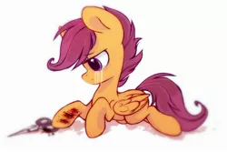 Size: 2449x1632 | Tagged: semi-grimdark, artist:mirtash, derpibooru import, scootaloo, pegasus, pony, blood, crying, cutting, female, filly, injured, lying, rcf community, scissors, self harm, simple background, solo, white background