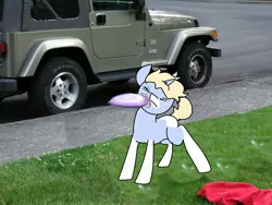 Size: 2848x2136 | Tagged: safe, artist:nootaz, derpibooru import, oc, oc:nootaz, unofficial characters only, pony, unicorn, abuse, frisbee, jeep, jeep wrangler, meme, noot abuse, ponified animal photo, solo