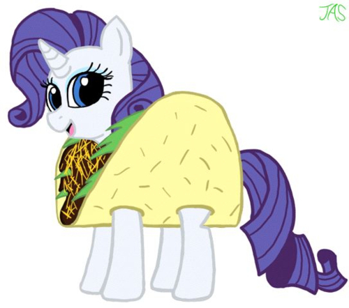 Size: 500x442 | Tagged: safe, artist:jas, derpibooru import, rarity, pony, clothes, costume, food, solo, taco