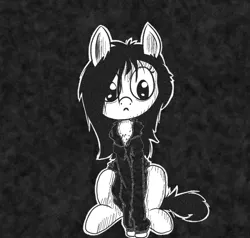 Size: 1000x950 | Tagged: artist:happy harvey, bags under eyes, black and white, black background, chest fluff, clothes, derpibooru import, drawn on phone, female, grayscale, hoodie, messy mane, monochrome, neet, oc, oc:floor bored, safe, simple background, sitting, solo, unofficial characters only