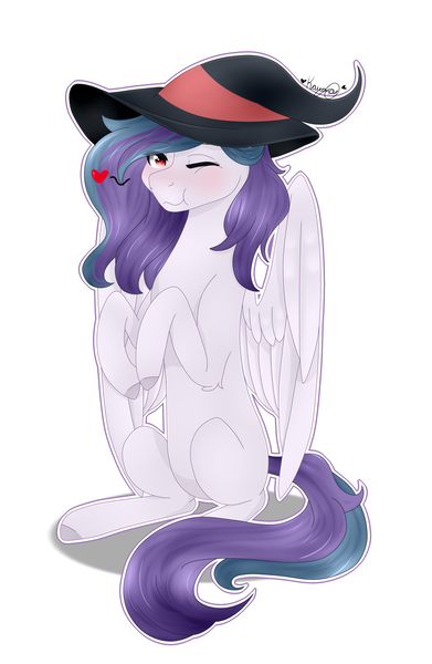 Size: 2632x4034 | Tagged: safe, artist:knaranayama, derpibooru import, oc, oc:shylu, unofficial characters only, pegasus, pony, female, hat, high res, mare, one eye closed, sitting, solo, wink, witch hat