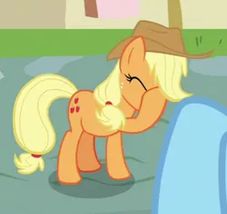 Size: 312x293 | Tagged: safe, derpibooru import, applejack, earth pony, pony, secrets and pies, cropped, eyes closed, facehoof, female, freckles, mare, raised hoof, reaction image, solo