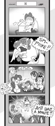 Size: 1451x3300 | Tagged: alicorn, artist:loreto-arts, comic, comic:friendship is innuendo, derpibooru import, dragon, facehugger, grayscale, magic, monochrome, pinkie pie, princess ember, princess facehugger, princess flurry heart, safe, spike, starlight glimmer, twilight sparkle, twilight sparkle (alicorn), winged spike, woonoggles