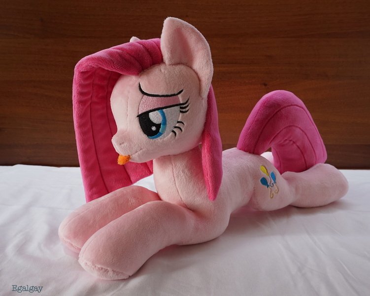 Size: 3837x3064 | Tagged: safe, artist:egalgay, derpibooru import, pinkie pie, earth pony, pony, :p, cute, cuteamena, female, irl, mare, photo, pinkamena diane pie, plushie, prone, silly, solo, tongue out